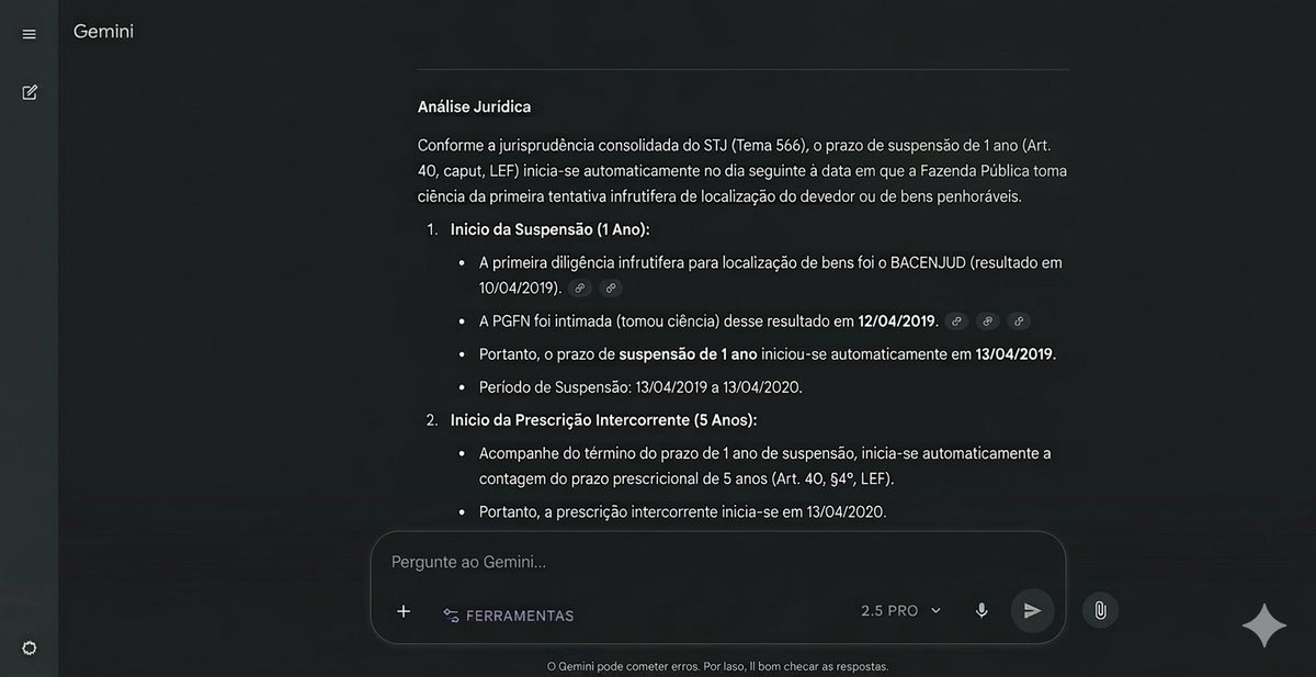 Tela do Oráculo da Prescrição Intercorrente no Gemini, com a análise jurídica, o início da suspensão de 1 ano e o início da prescrição intercorrente de 5 anos, cada data com referência ao processo